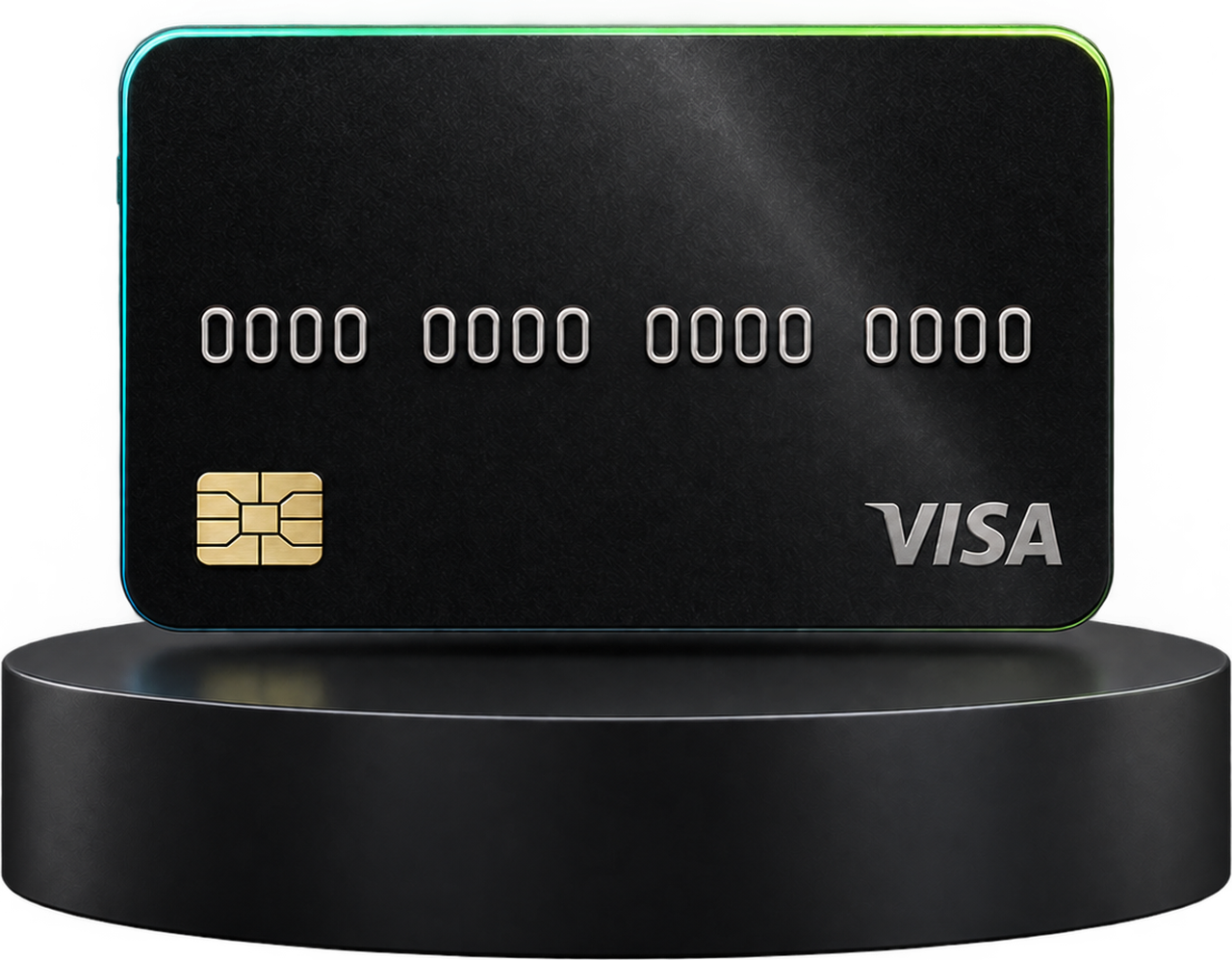 The Coinexgem Visa card, black with a glowing edge, standing on a pedestal